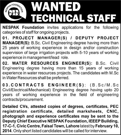 Nespak Jobs in Lahore 2014 February for Project Manager, Contracts / Water Resources Engineers