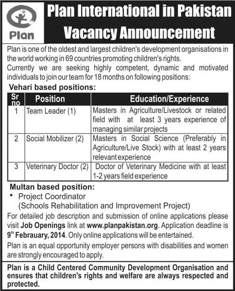 Plan International Jobs 2014 February for Team Leader, Social Mobilizer, Veterinary Doctor & Project Coordinator