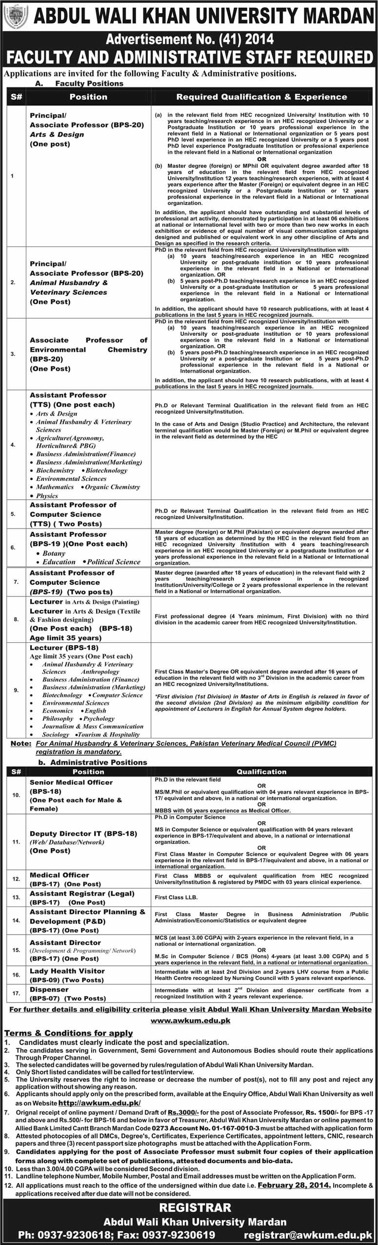 Abdul Wali Khan University Mardan Jobs February 2014 for Faculty & Administrative Staff