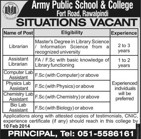 Army Public School & College Rawalpindi Jobs 2014 February for Librarians & Lab Assistants
