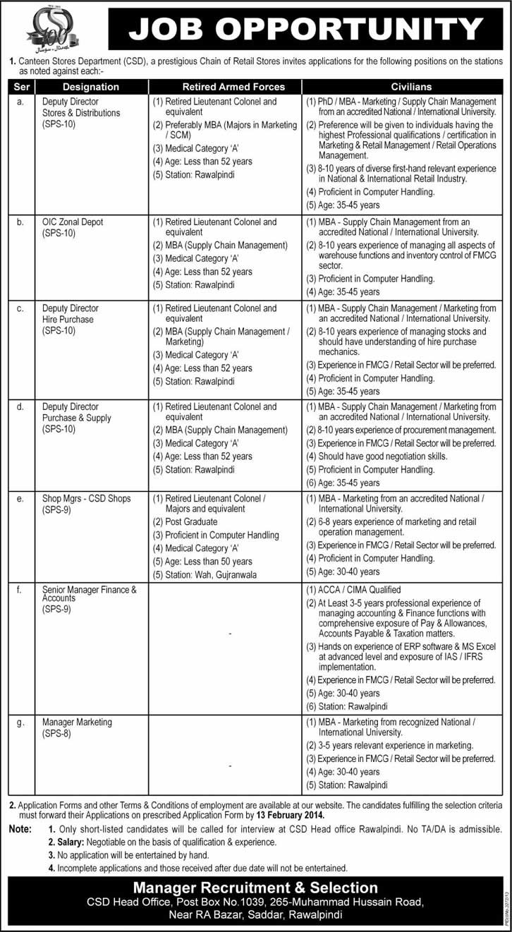 CSD Pakistan Jobs 2014 in Rawalpindi, Wah, Gujrat for Deputy Directors, Managers & Others