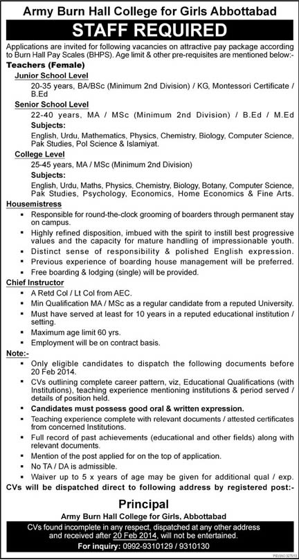 Army Burn Hall College Abbottabad Jobs 2014 February for Teaching Faculty