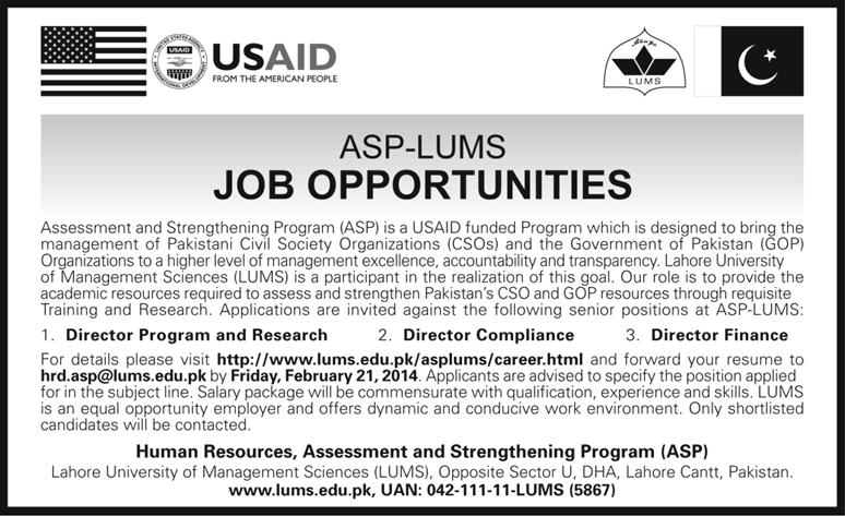 USAID Funded ASP-LUMS Jobs in Lahore 2014 February for Directors