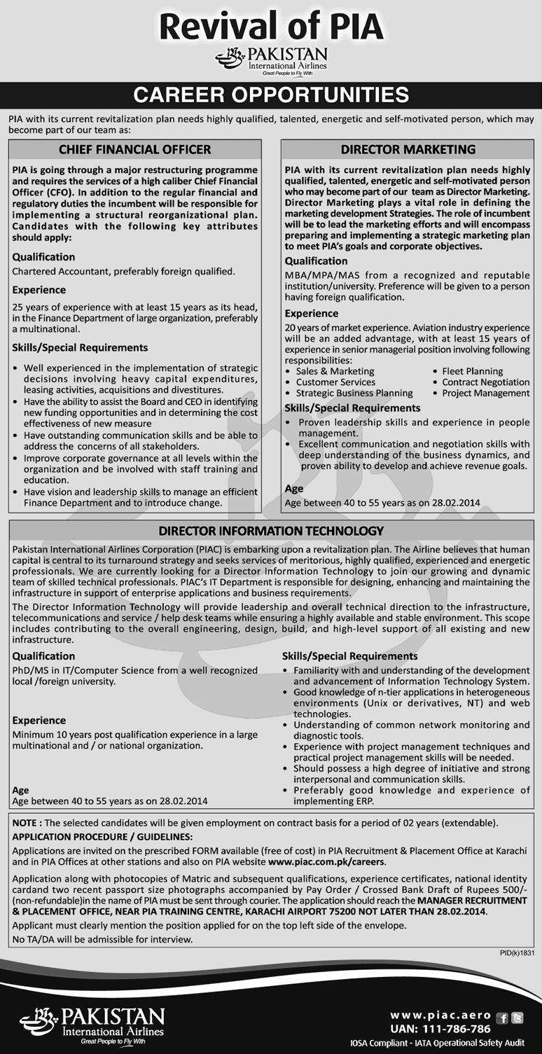 Pakistan International Airlines (PIA) Jobs February 2014 Latest