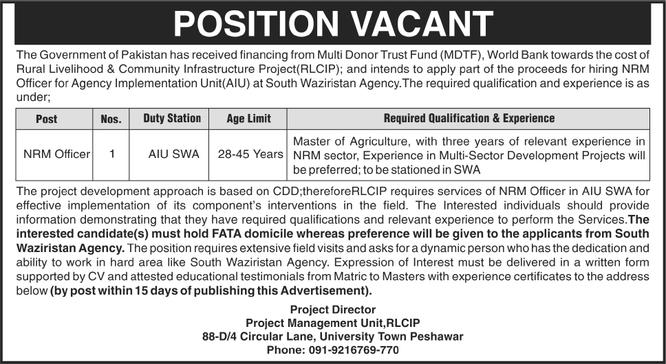 Rural Livelihood & Community Infrastructure Project (RLCIP) Jobs 2014 February for NRM Officer