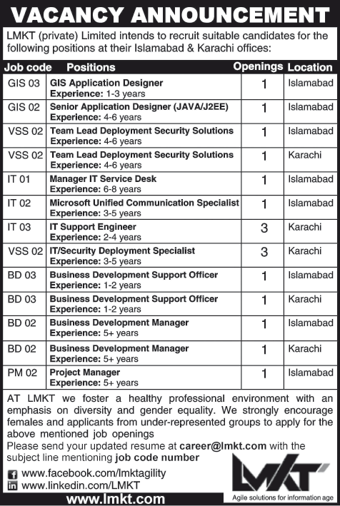 LMKT Private Limited Jobs in Islamabad & Karachi 2014 February