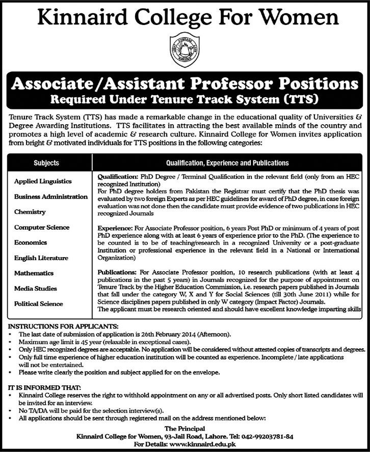 Kinnaird College Lahore Jobs 2014 February for Associate & Assistant Professors