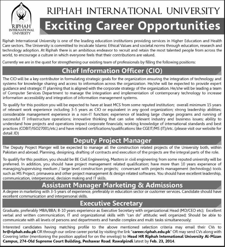 Riphah International University Rawalpindi Jobs 2014 February