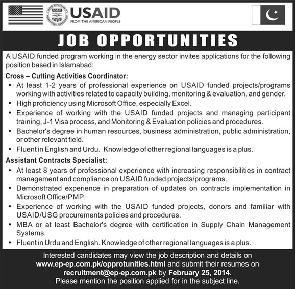 USAID Pakistan Jobs 2014 February for Assistant Contracts Specialists & Cross Cutting Activities Coordinator