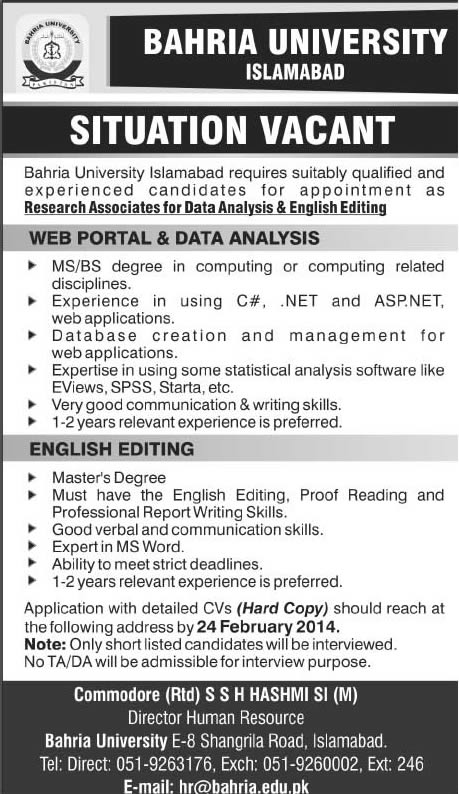 Bahria University Islamabad Jobs 2014 February Research Associates for Web Portal & Data Analysis, English Editing