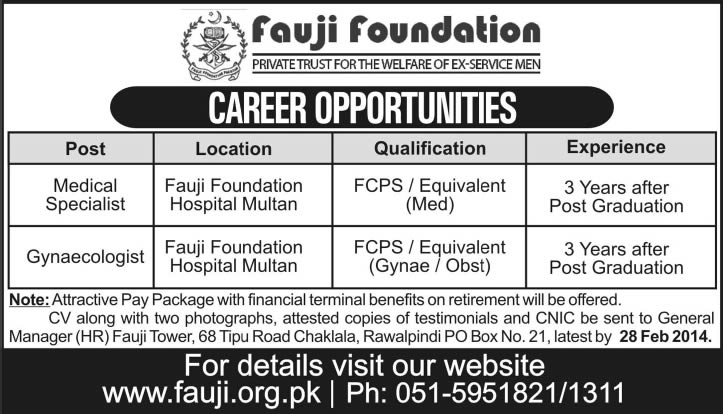 Fauji Foundation Hospital Jobs in Multan 2014 February for Medical Specialist & Gynecologist