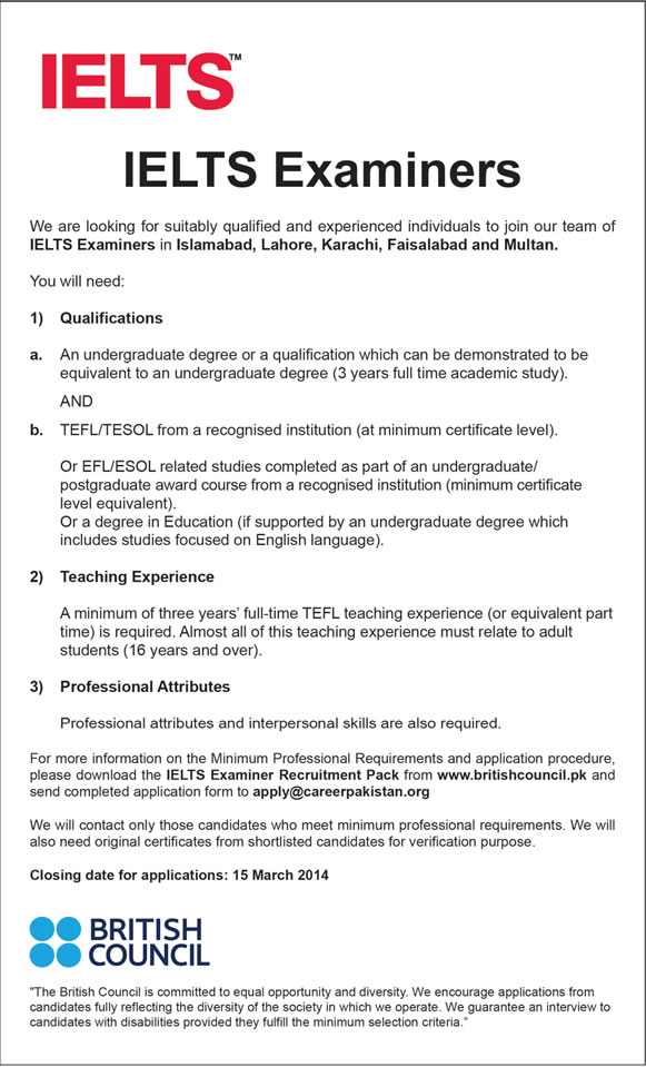 British Council Pakistan Jobs 2014 February for IELTS Examiners