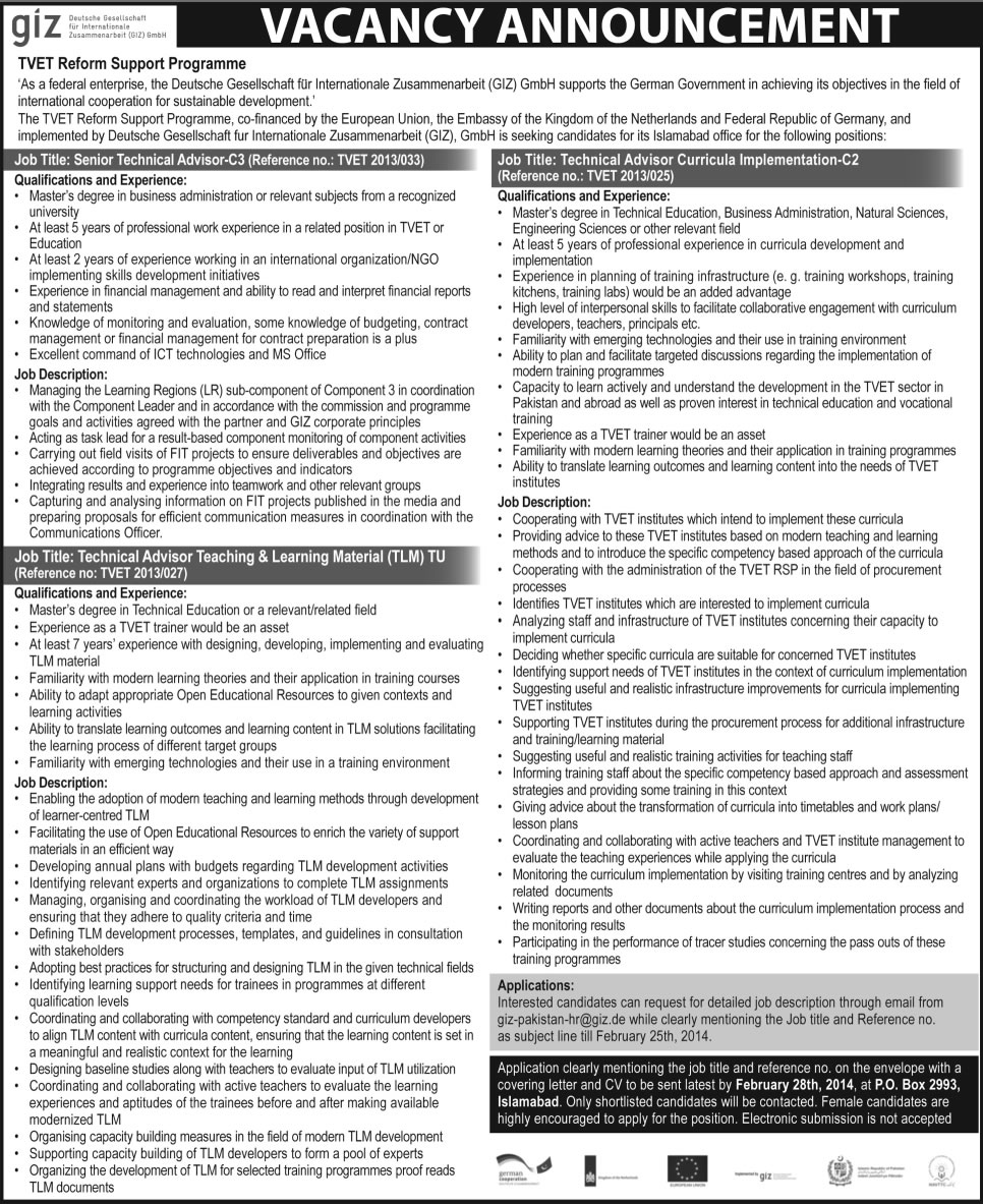 GIZ Pakistan Jobs February 2014 for Technical Advisors