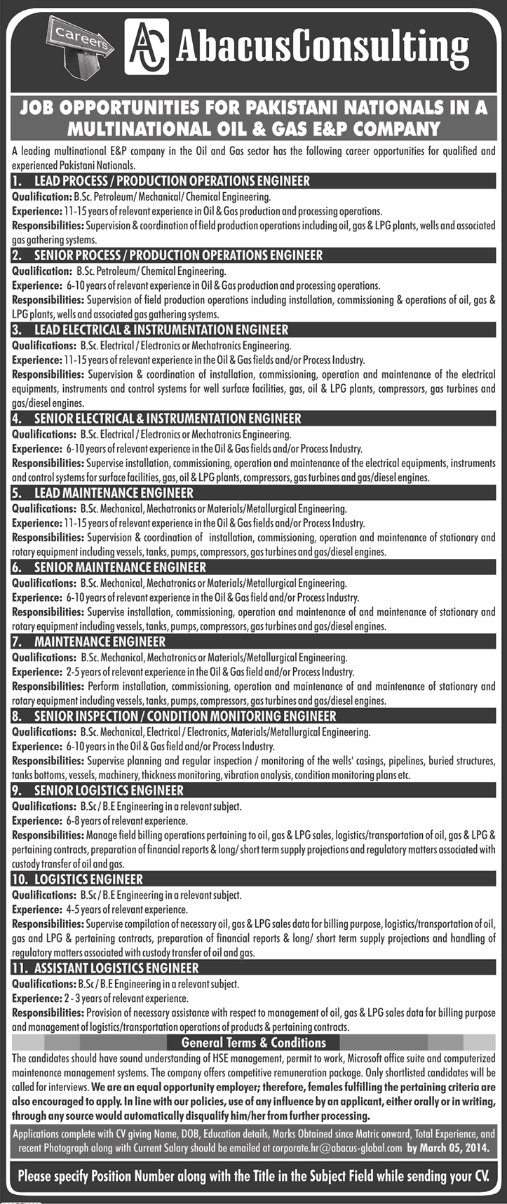 Oil and Gas Jobs in Pakistan 2014 February Abacus Consulting