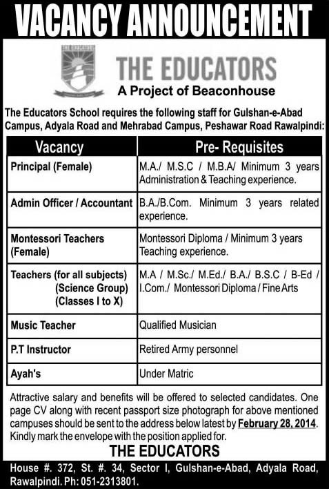 The Educators Rawalpindi Jobs 2014 February for Principal, Accountant, Teachers, PT Instructor & Ayah