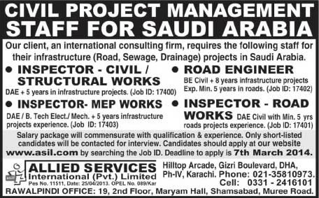 Latest Civil Engineering Jobs in Saudi Arabia 2014 February through Allied Services