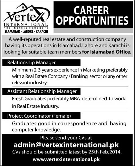 Relationship Manager & Project Coordinator Jobs in Islamabad 2014 February at Vertex International