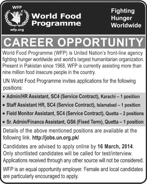 UN World Food Program Jobs in Pakistan 2014 March for Assistants