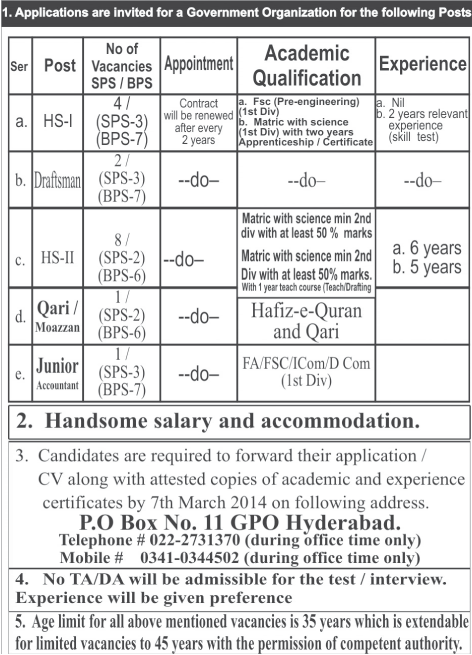 Government Jobs in Hyderabad 2014 March for HS-I, Draftsman, HS-II, Qari & Junior Accountant at PO Box 11