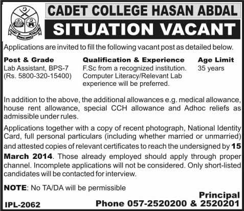 Cadet College Hasan Abdal Jobs 2014 March for Lab Assistant