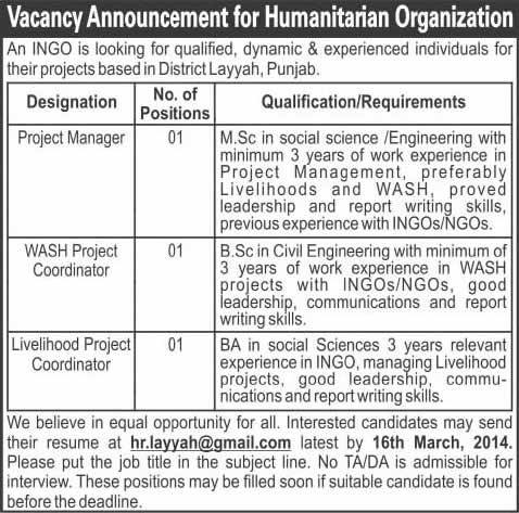 NGO Jobs in Pakistan 2014 March for Project Manager, WASH & Livelihood Project Coordinator