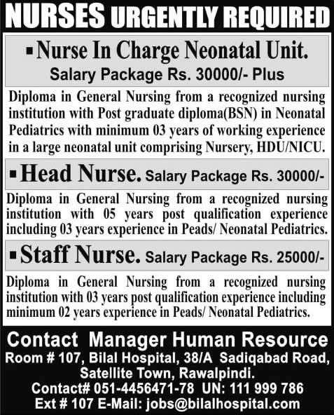 Bilal Hospital Rawalpindi Jobs 2014 March for Nurse In-Charge Neonatal Unit, Head / Staff Nurse
