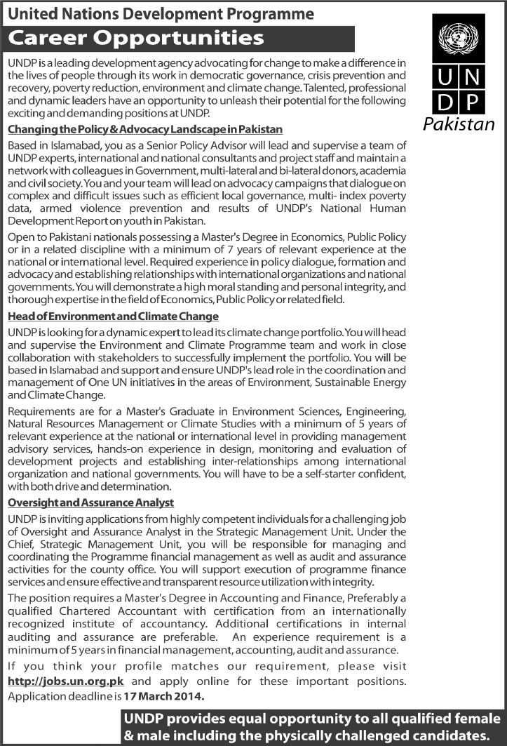 United Nations Development Programme (UNDP) Pakistan Jobs March 2014