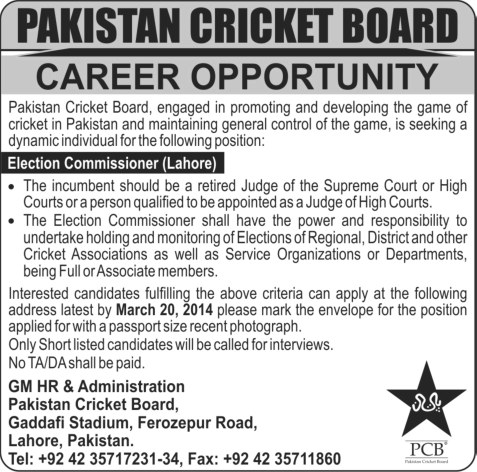 Pakistan Cricket Board (PCB) Lahore Jobs 2014 March for Election Commissioner