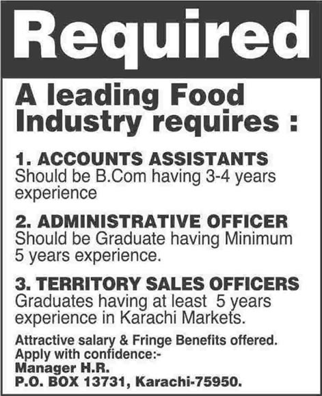 Accounts Assistant, Administrative / Territory Sales Officer Jobs in Karachi 2014 March at PO Box No. 13731