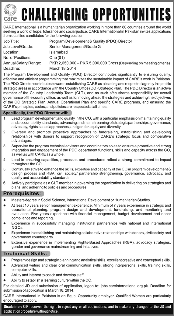 Care International Jobs in Islamabad 2014 March for Program Development & Quality Director