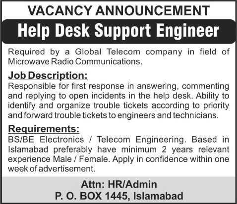 Telecom Company PO Box 1445 Islamabad Jobs 2014 March for Help Desk Support Engineer