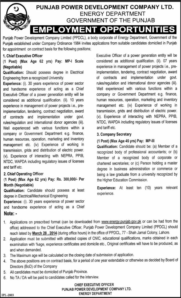 Latest Jobs at Punjab Power Development Company Ltd Lahore 2014 March