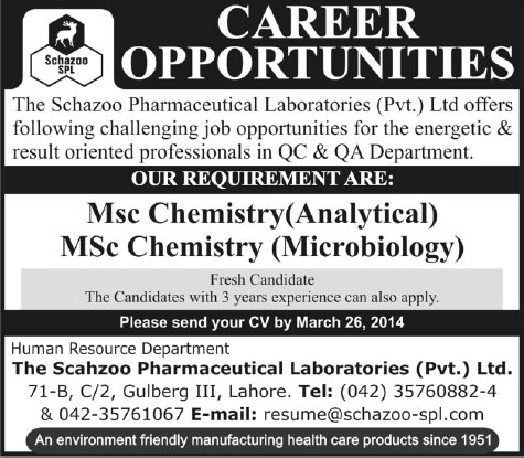 Schazoo Pharmaceutical Laboratories Lahore Jobs 2014 March for Chemist & Microbiologist