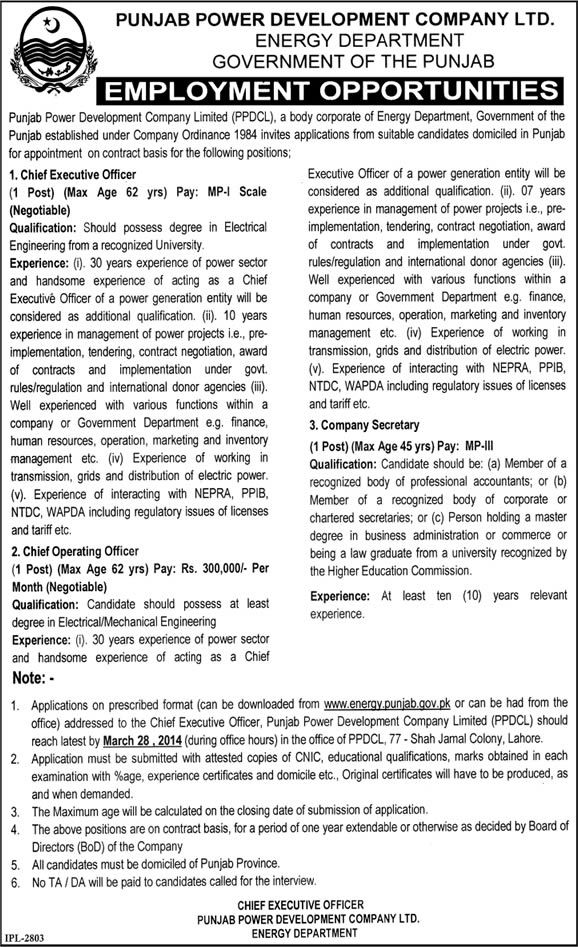 Latest Jobs at Punjab Power Development Company Ltd 2014 March Energy Department Punjab