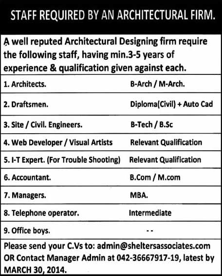 Shelters Associates Lahore Jobs 2014 March for Architects, Civil Engineers, Web Developers & Others