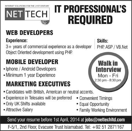 Web / Mobile Developers & Marketing Executive Jobs in Islamabad 2014 March at Net Tech Ltd