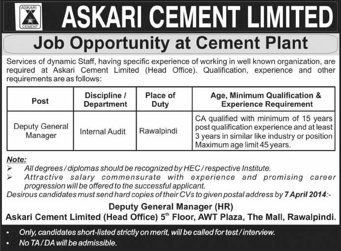 Askari Cement Jobs 2014 in Rawalpindi March for Deputy General Manager