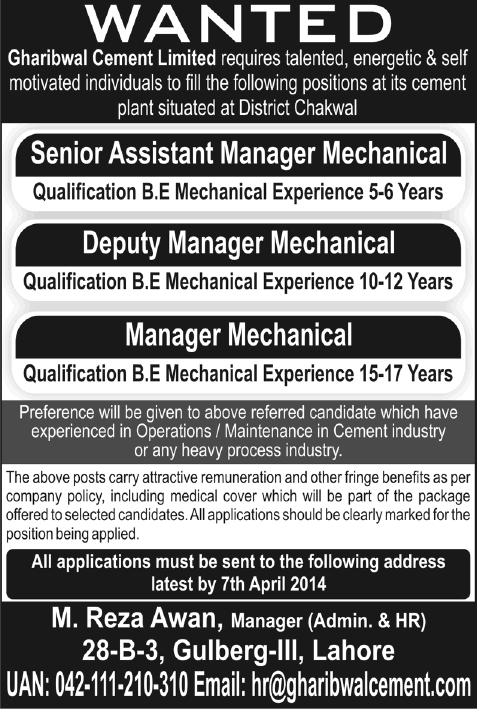 Mechanical Engineering Jobs in Chakwal 2014 March at Gharibwal Cement Limited