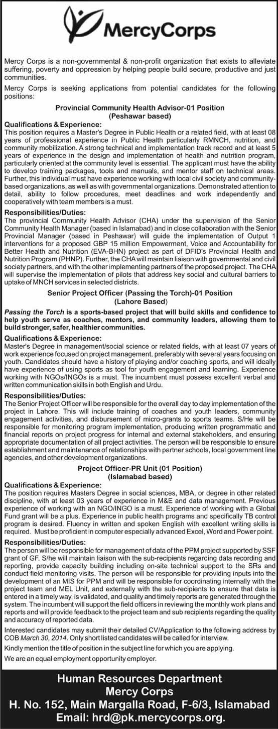 Mercy Corps Pakistan Jobs 2014 March for Community Health Advisor & Project Officers