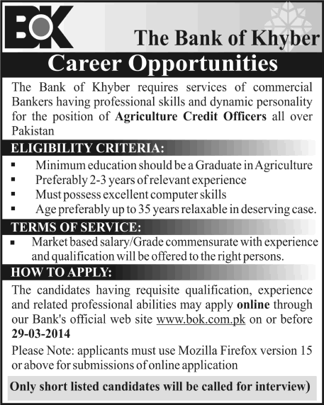 Bank of Khyber Jobs 2014 March for Agriculture Credit Officers