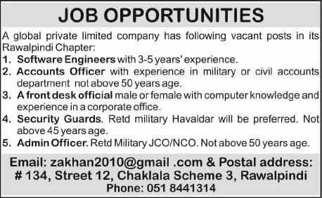 Accounts / Front Desk / Admin Officers, Security Guards & Software Engineer Jobs in Rawalpindi 2014 March