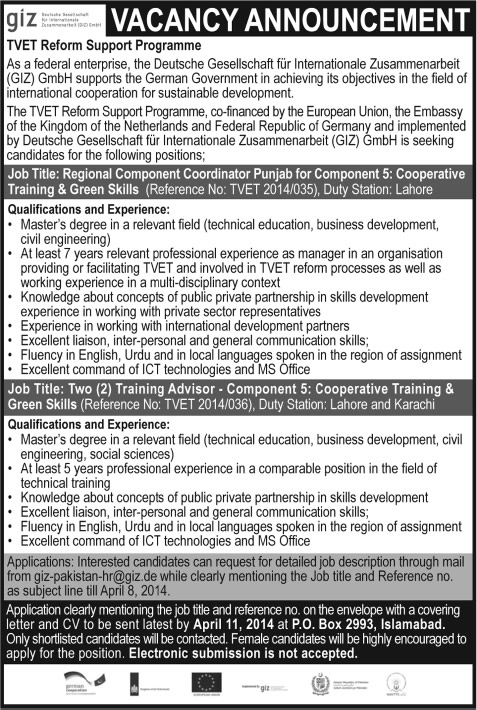 GIZ Pakistan Jobs March 2014 April for Regional Component Coordinator & Training Advisor