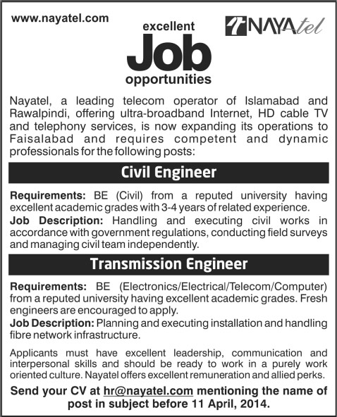 Civil / Transmission Engineering Jobs in Nayatel Faisalabad 2014 March / April