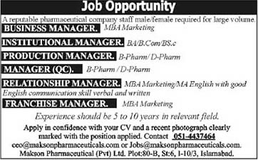 Latest Jobs at Makson Pharmaceuticals Islamabad 2014 March / April