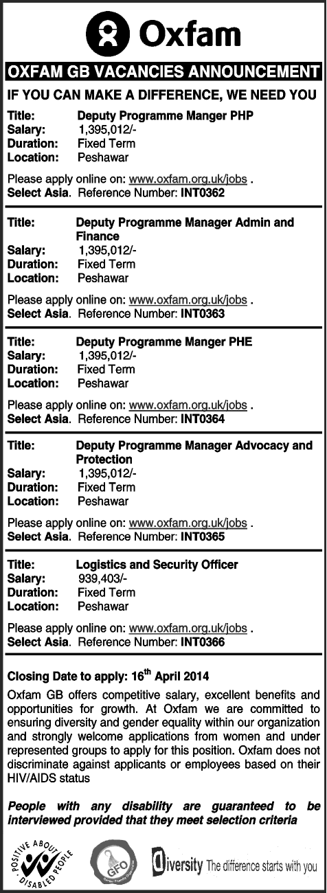 Oxfam Pakistan Jobs 2014 April Latest Advertisement