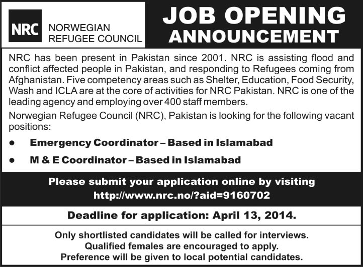 Norweigian Refugee Council NRC Jobs 2014 April for Emergency / M&E Coordinator