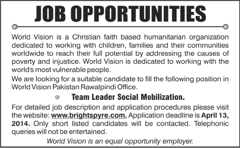 World Vision Pakistan Jobs 2014 April for Team Leader Social Mobilization