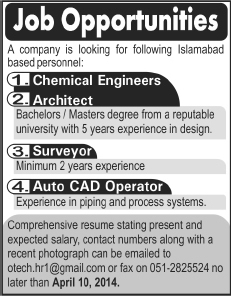 Latest Jobs in Islamabad 2014 April for Chemical Engineers, Architect, Surveyor & AutoCAD Operator