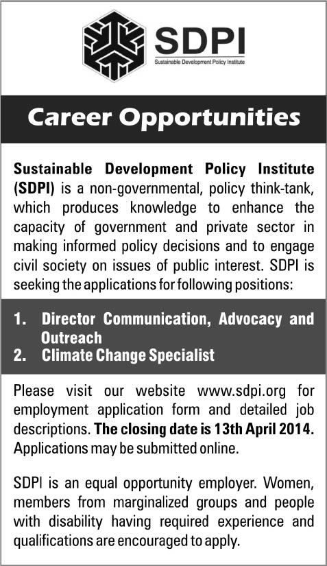 SDPI Jobs 2014 April for Director Communication, Advocacy, Outreach & Climate Change Specialist