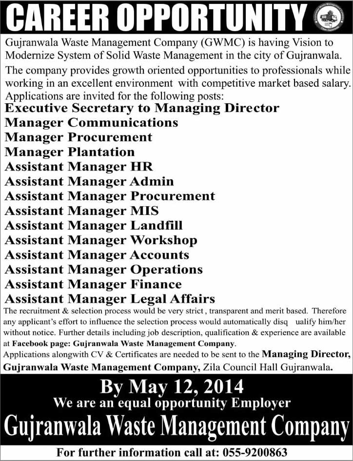 Gujranwala Waste Management Company GWMC Jobs 2014 April for Managers & Assistant Managers